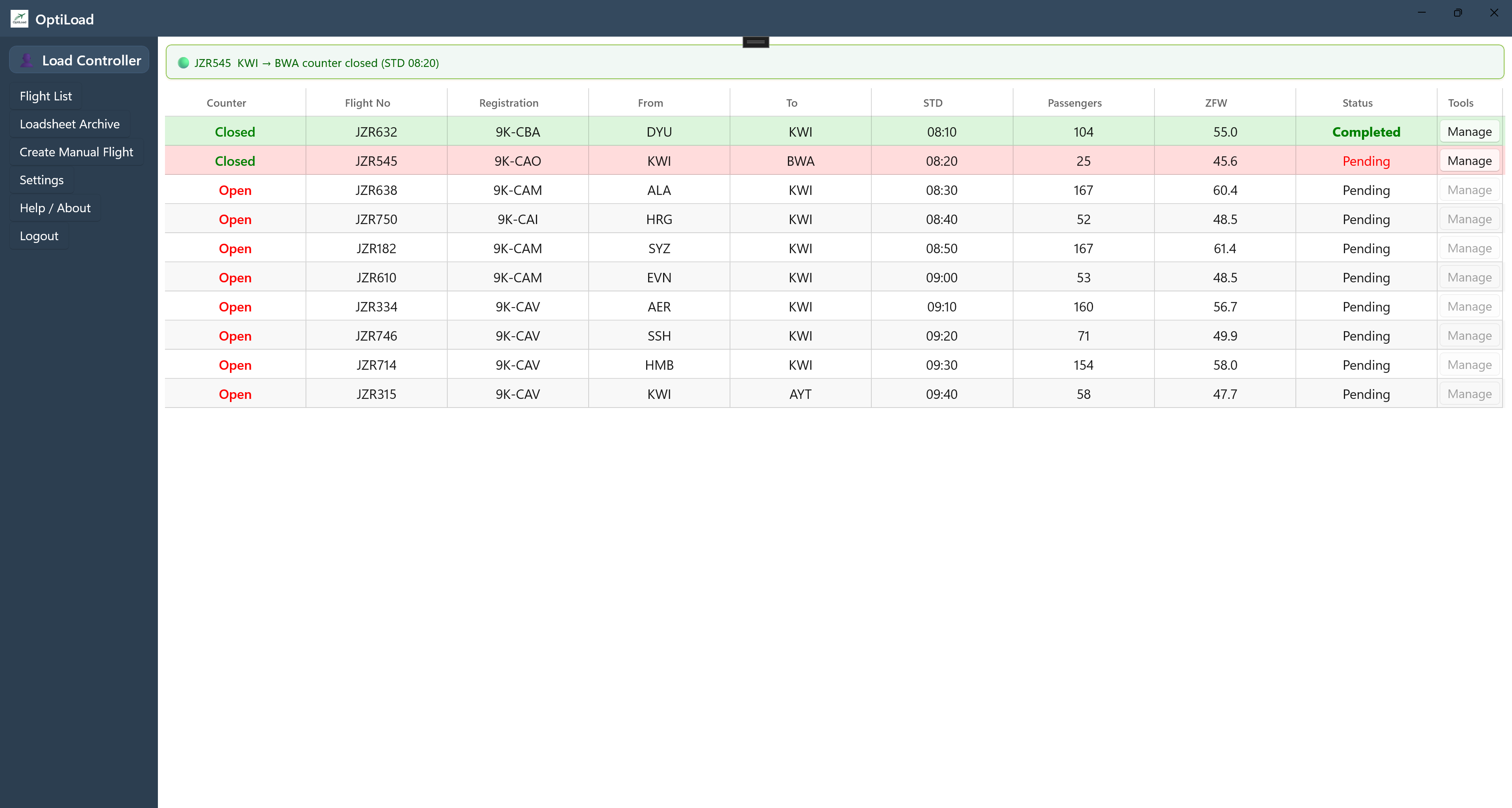 OptiLoad flight dashboard showing current operational status