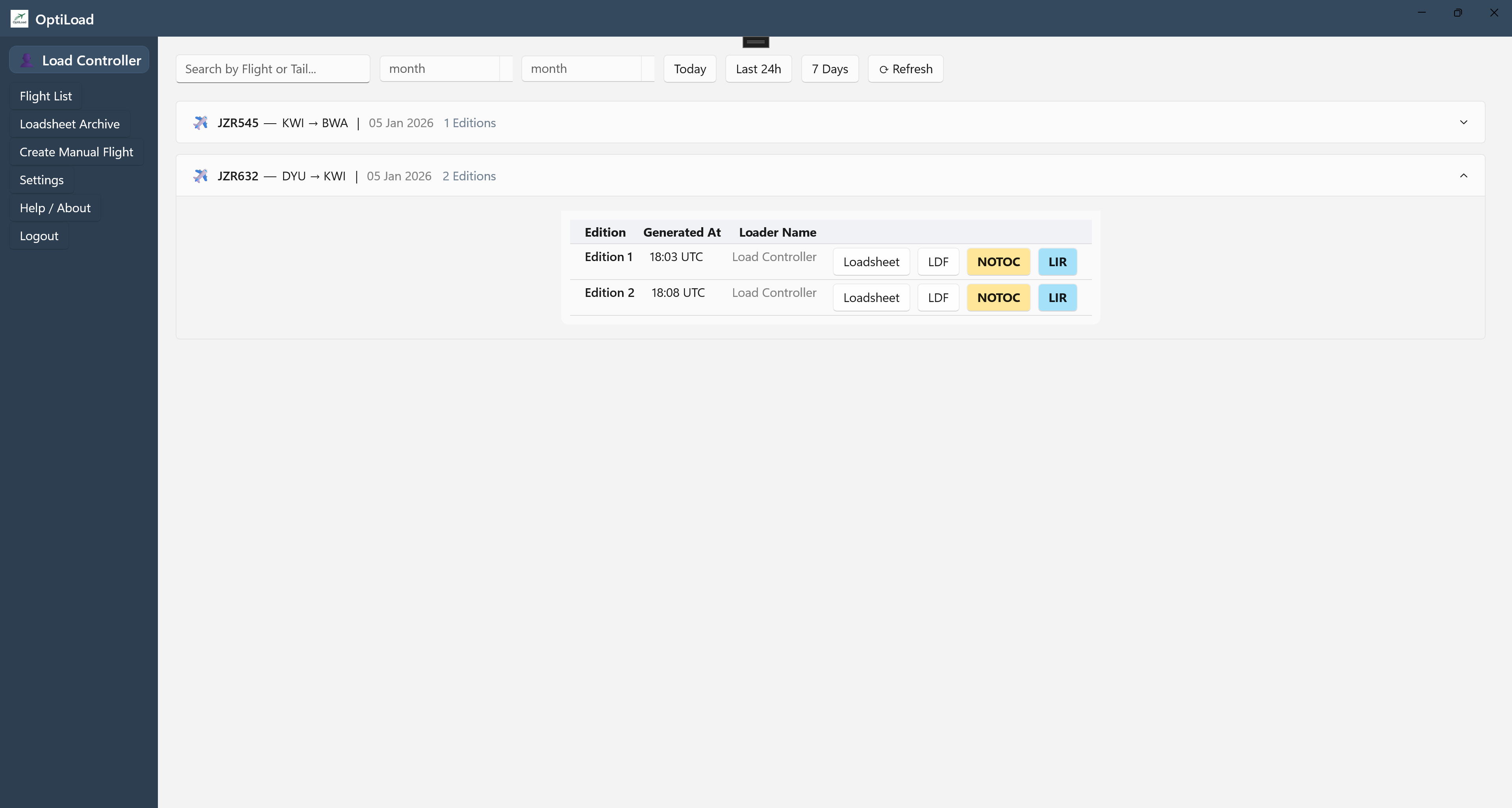 OptiLoad loadsheet records archive
